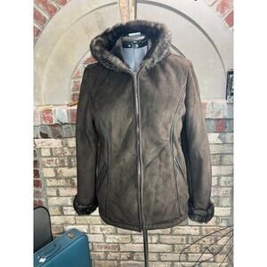 Liz Claiborne Coat faux fur hood brown